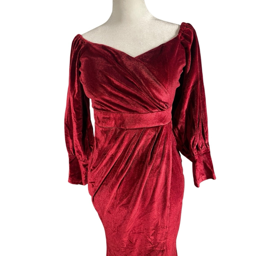 Size M long wrap style maxi Burgundy Velvet special occasion party holiday dress - Picture 2 of 9